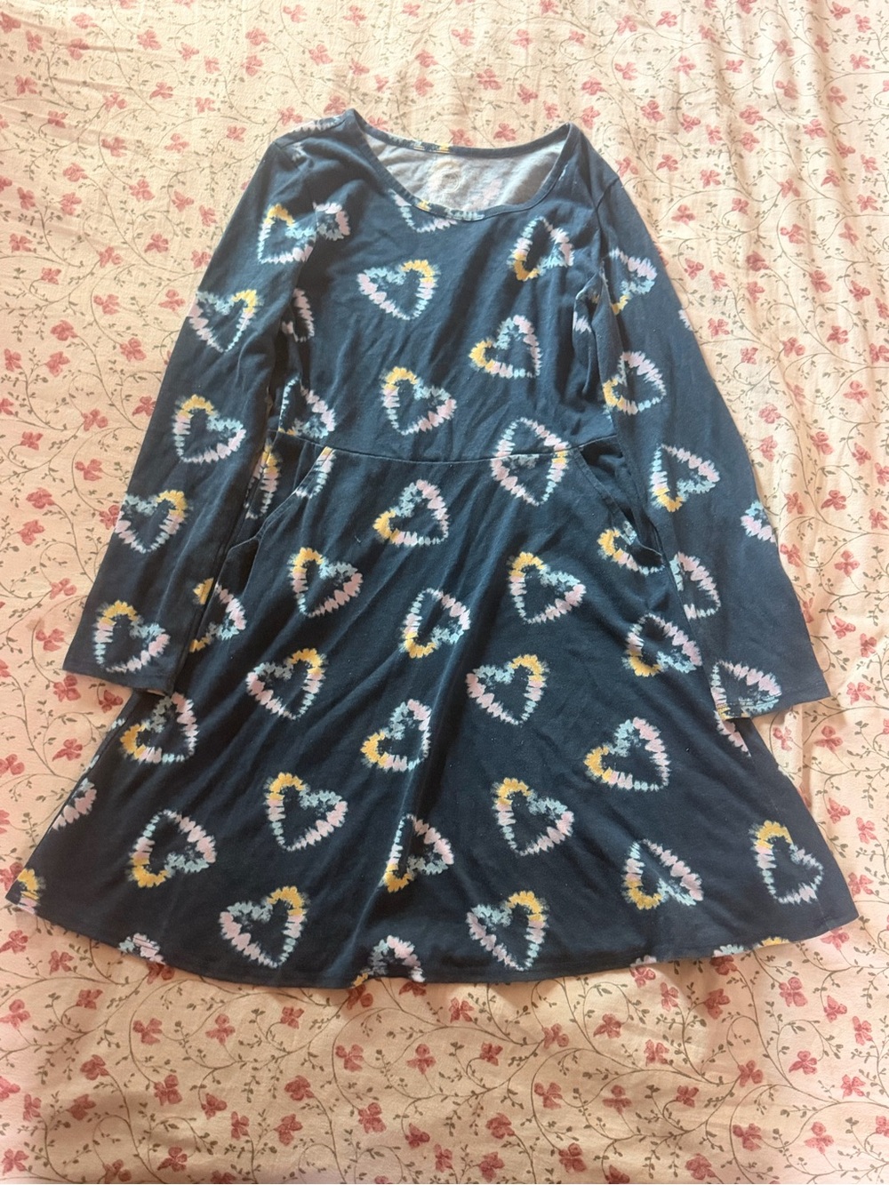 wonder nation Teal Long-Sleeve Heart Print Dress with Pink & Yellow Hearts